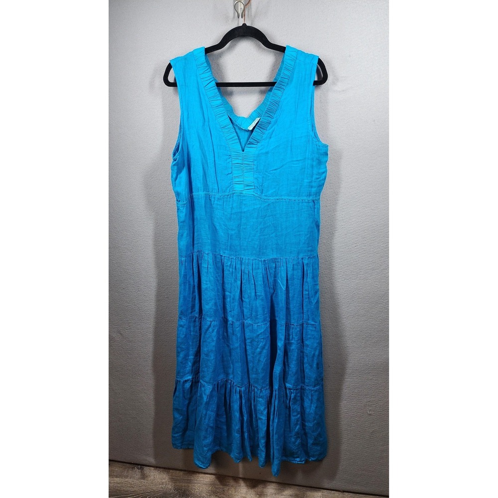 Russ Berens Dress Womens Medium Blue Linen Sleeveless Tiered Midi Boho Summer‎
